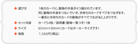 カードゲーム「コネクト／Connect」詳細情報／遊び方：１枚のカードに、動物の半身が４つ描かれています。同じ動物の半身をつないでいき、手持ちのカードすべてをつなぎます。一番先に手持ちのカードの動物がすべてつながると上がりです。セット内容：カード54枚／説明書（動物一覧付き）1枚。サイズ：65mm×90mm（カードはポーカーサイズです）。価格：1,522円（税込）